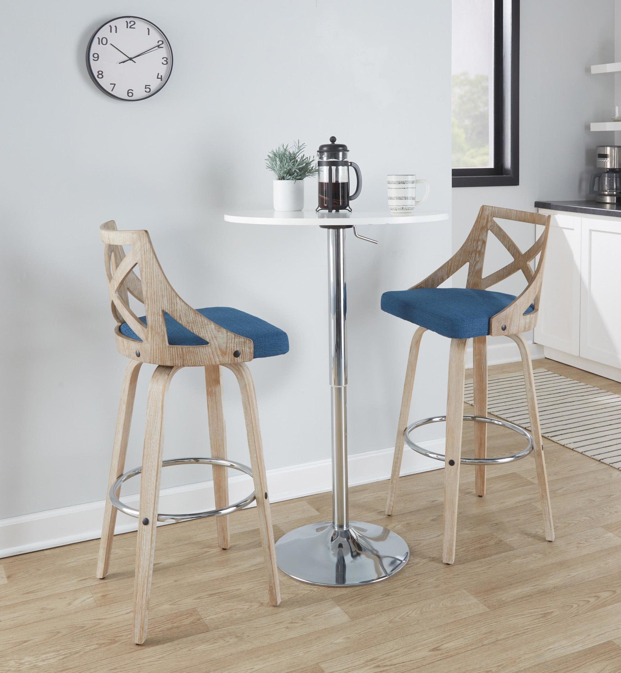 Charlotte 30" Fixed-Height Barstool - Set of 2 - Whitewashed Wood, Chrome Metal, Blue Fabric