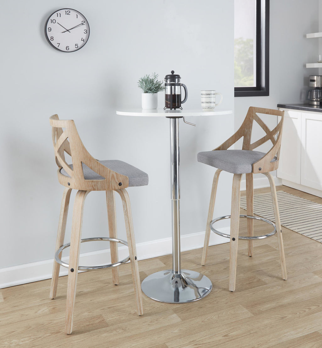 Charlotte 30" Fixed-Height Barstool - Set of 2 - Whitewashed Wood, Chrome Metal, Light Grey Fabric