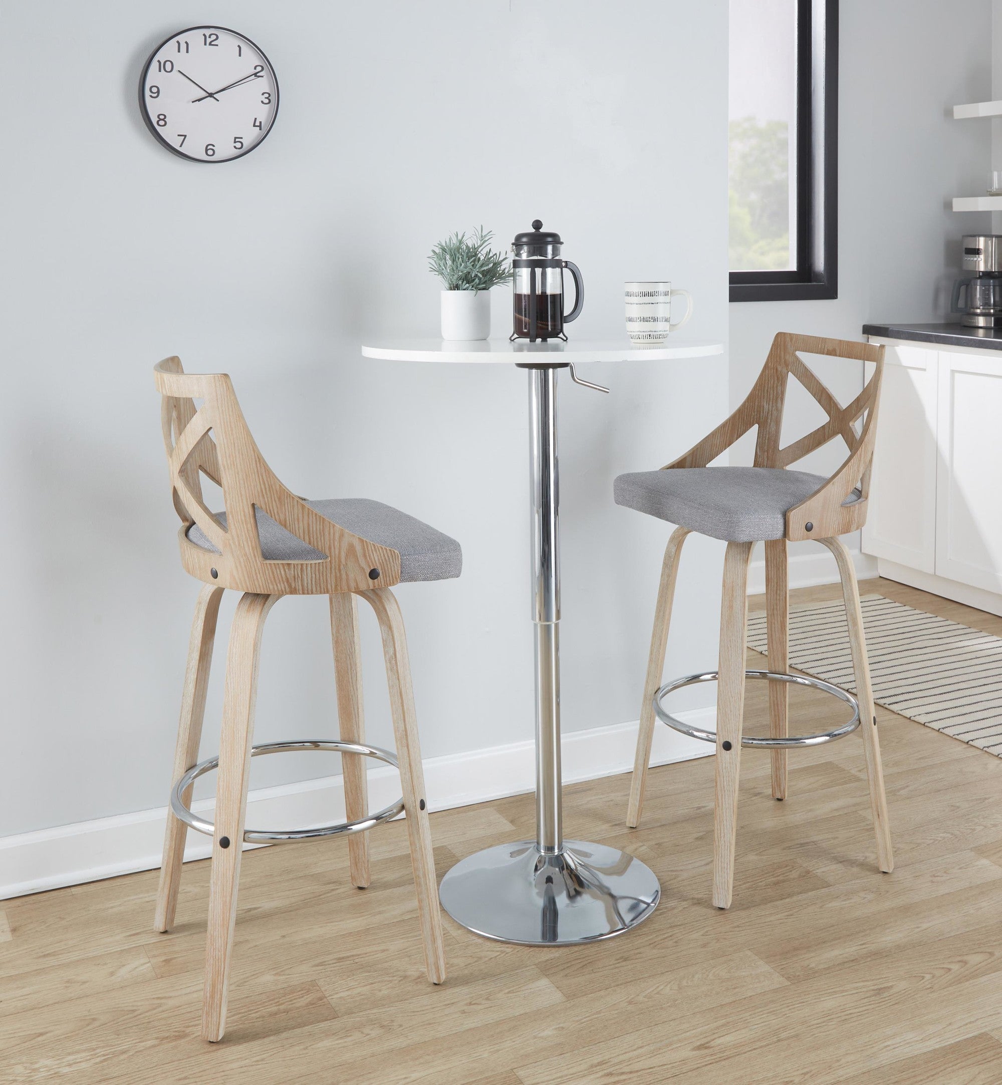 Charlotte 30" Fixed-Height Barstool - Set of 2 - Whitewashed Wood, Chrome Metal, Light Grey Fabric