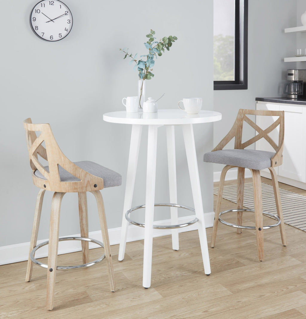 Charlotte 26" Fixed-Height Counter Stool - Set of 2 - Whitewashed Wood, Chrome Metal, Light Grey Fabric