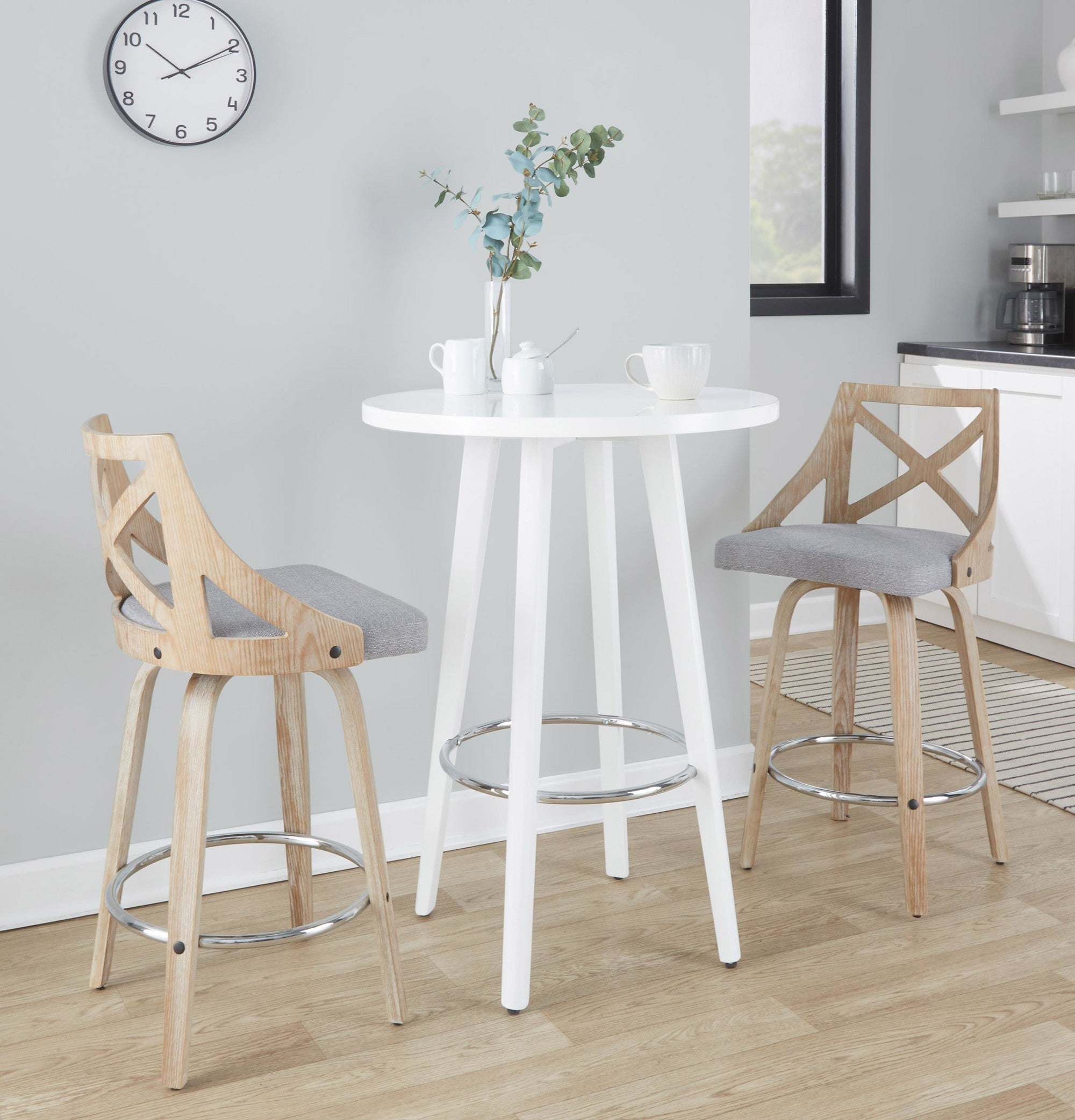 Charlotte 26" Fixed-Height Counter Stool - Set of 2 - Whitewashed Wood, Chrome Metal, Light Grey Fabric