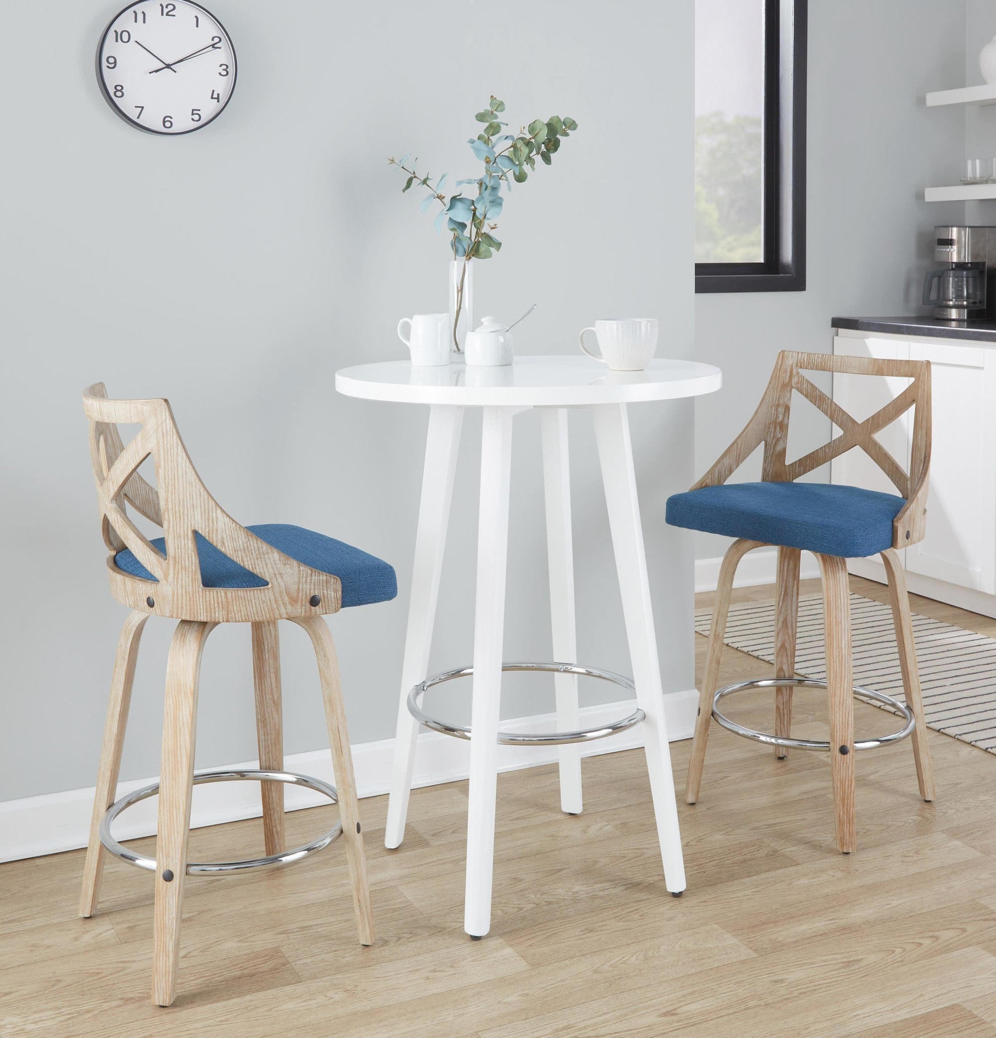 Charlotte 26" Fixed-Height Counter Stool - Set of 2 - Whitewashed Wood, Chrome Metal, Blue Fabric