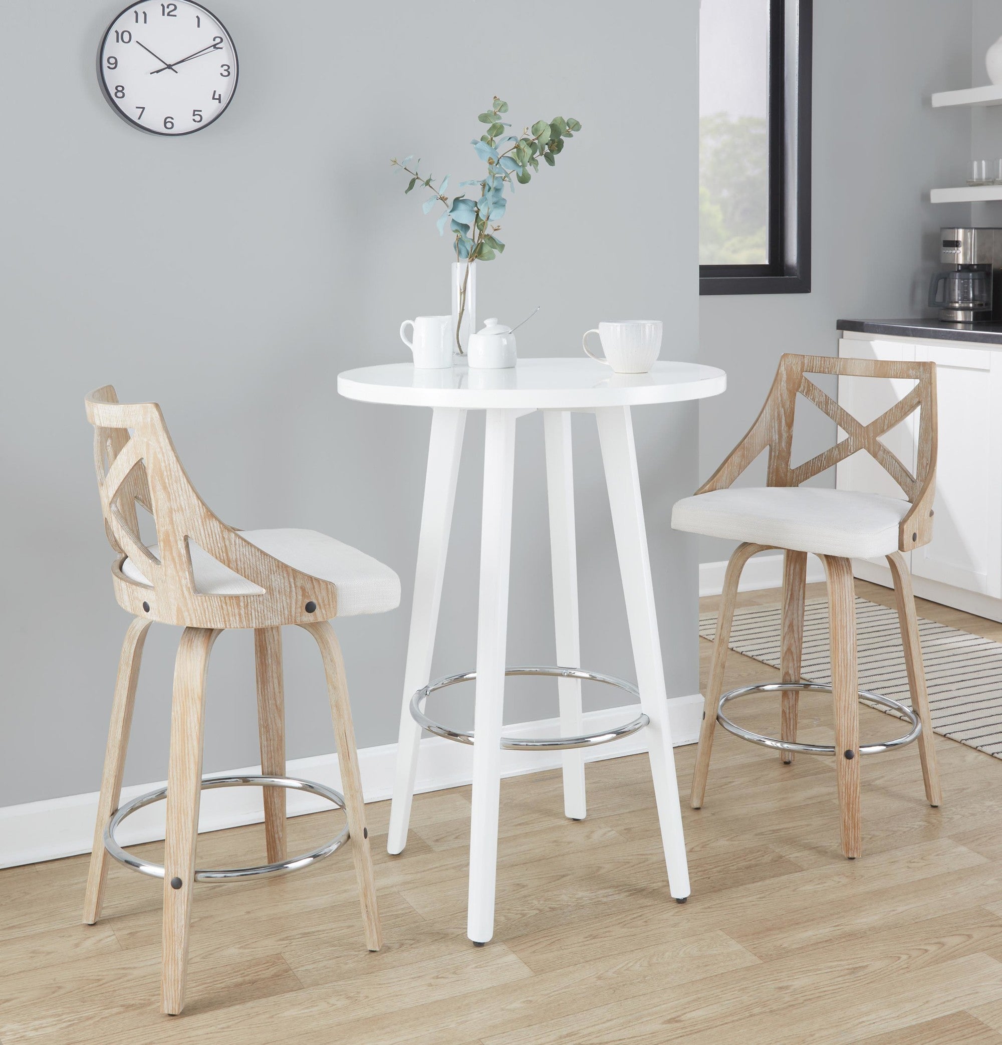 Charlotte 26" Fixed-Height Counter Stool - Set of 2 - Whitewashed Wood, Chrome Metal, Cream Fabric
