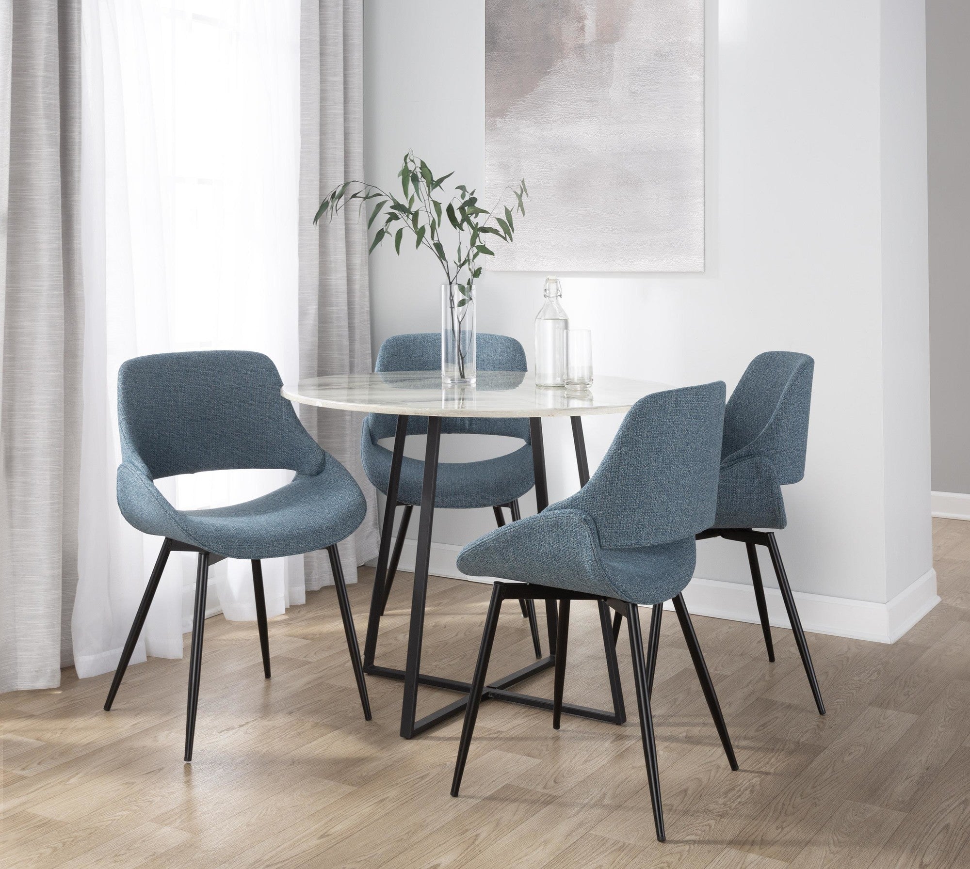 Cosmo-fabrico Dining Set - 5 Piece - Black Metal, White Marble, Blue Fabric