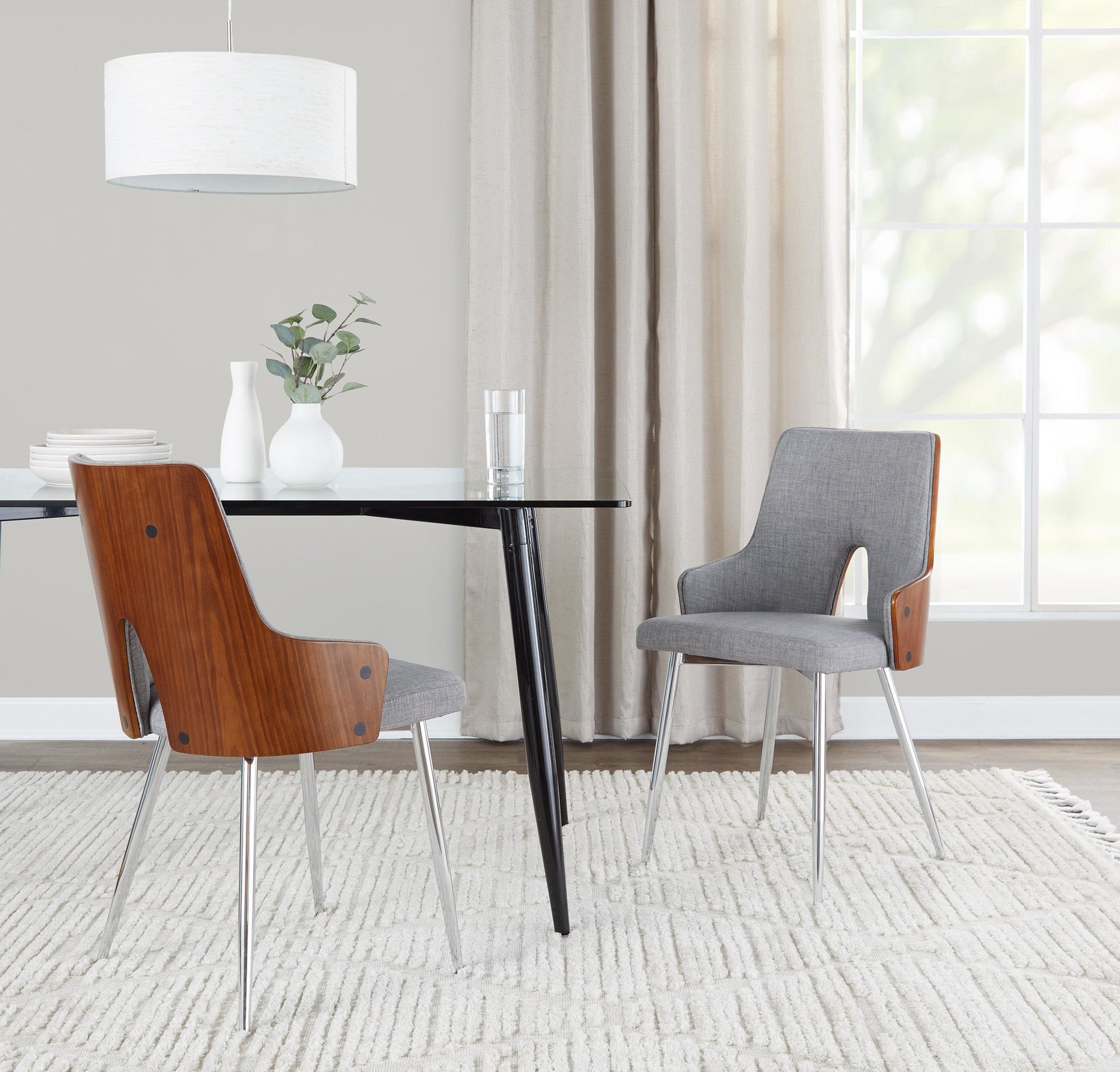 Stella Chair - Set of 2 - Chrome Metal, Walnut Wood, Light Grey Fabric