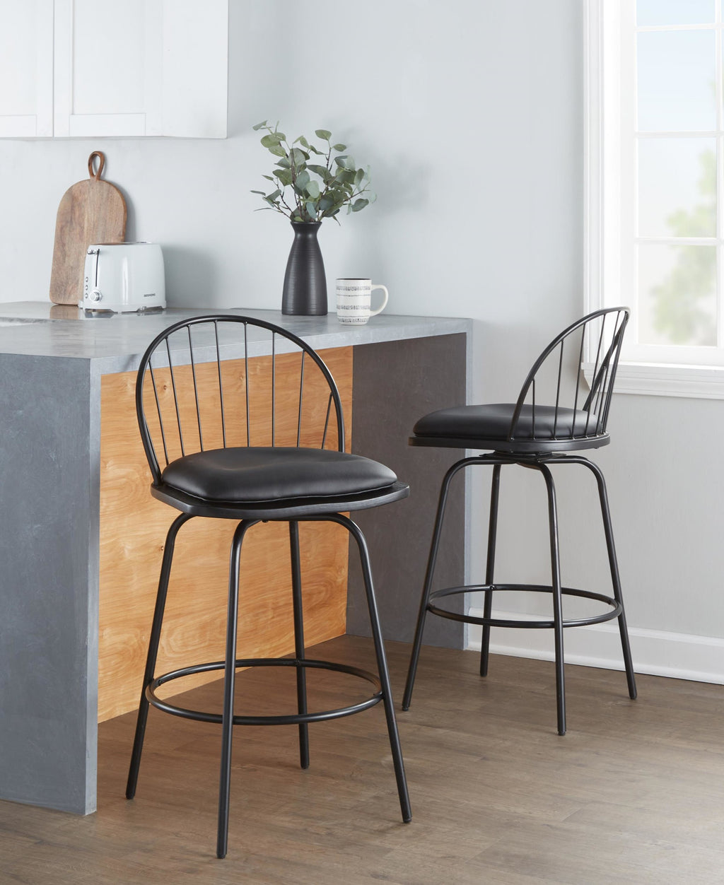Riley Claire 26" Fixed-Height Counter Stool - Set of 2 - Black Metal, Black Wood, Black PU