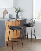 Riley Claire 26" Fixed-Height Counter Stool - Set of 2 - Black Metal, Black Wood, Black PU