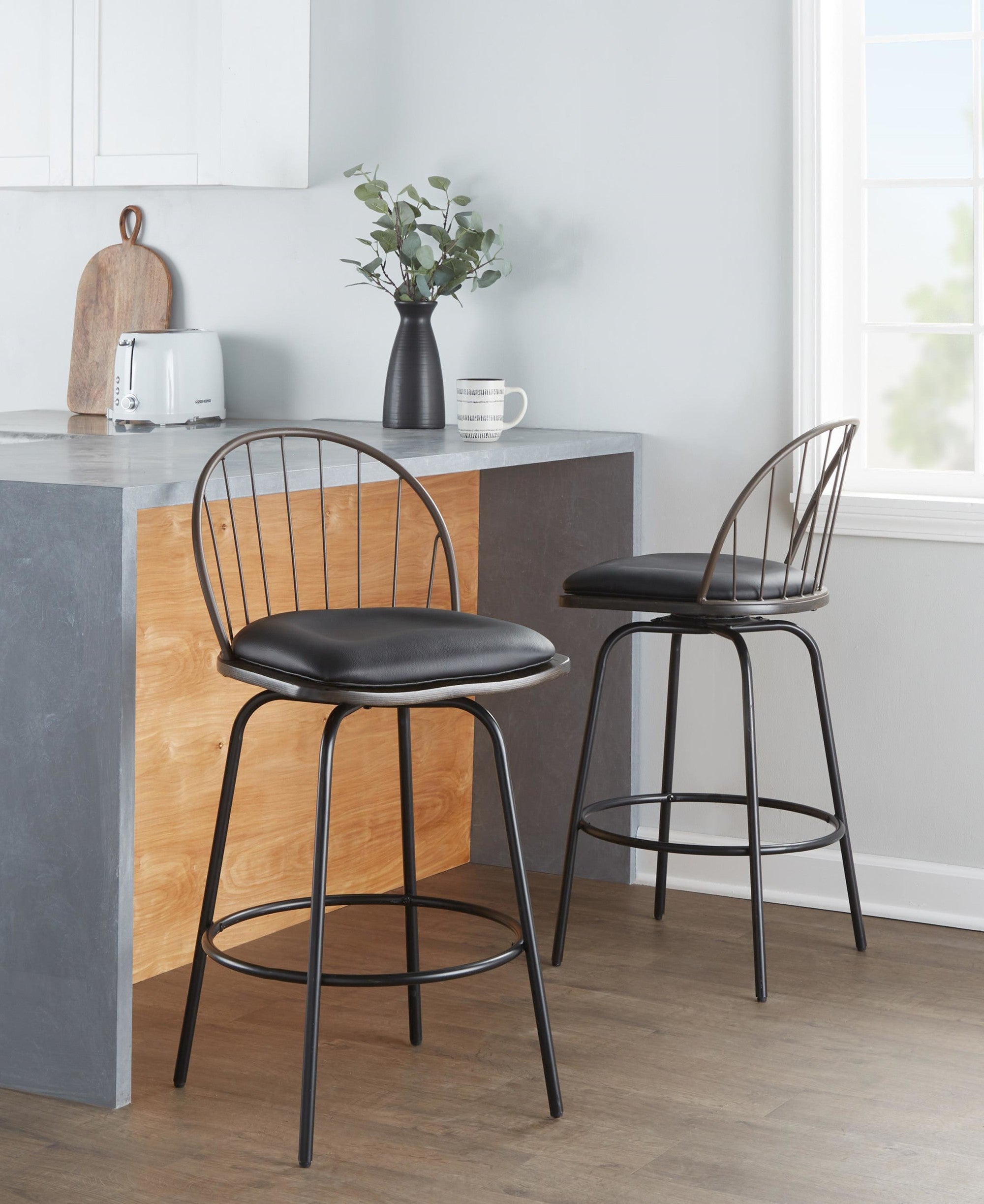 Riley Claire 26" Fixed-Height Counter Stool - Set of 2 - Black Metal, Bronze Metal, Walnut Wood, Brown PU