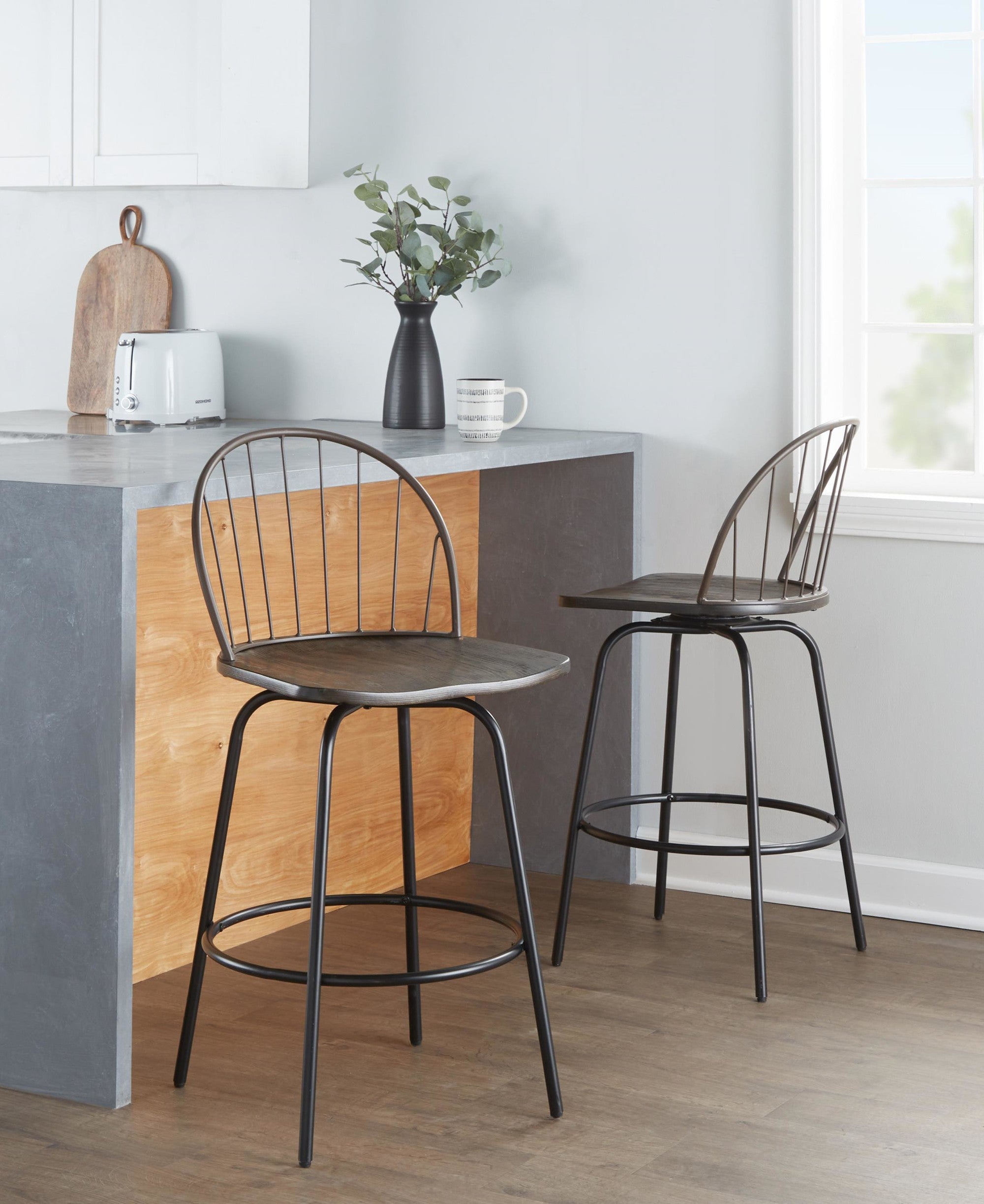 Riley Claire 26" Fixed-Height Counter Stool - Set of 2 - Black Metal, Bronze Metal, Walnut Wood, Brown PU