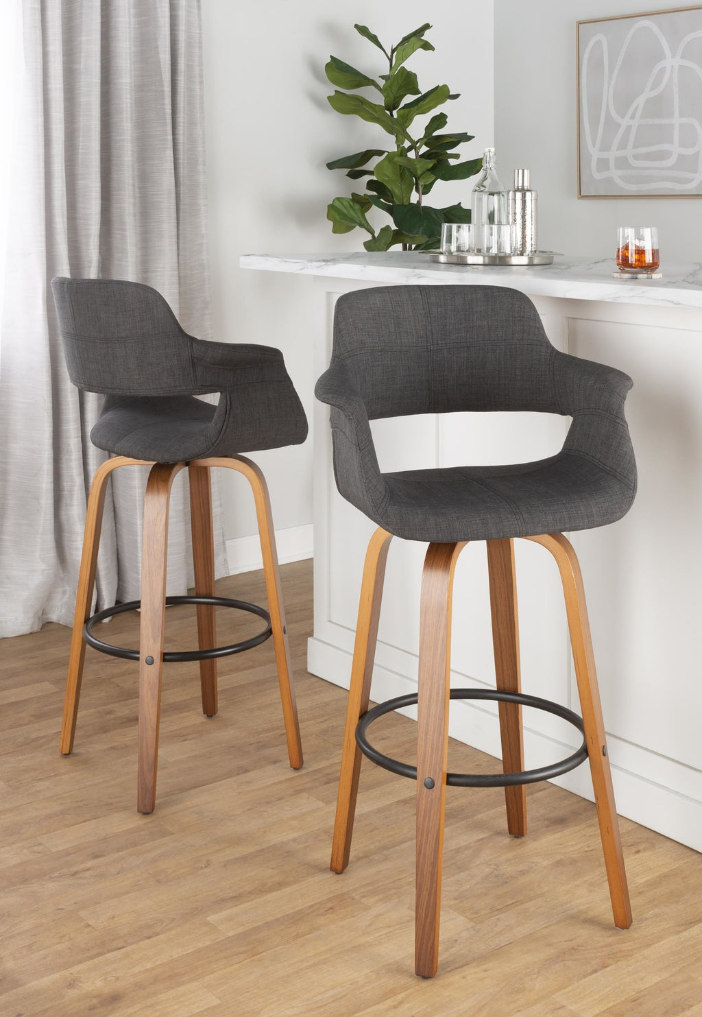 Vintage Flair 30" Fixed-Height Barstool - Set of 2 - Walnut Wood, Black Metal, Charcoal Fabric