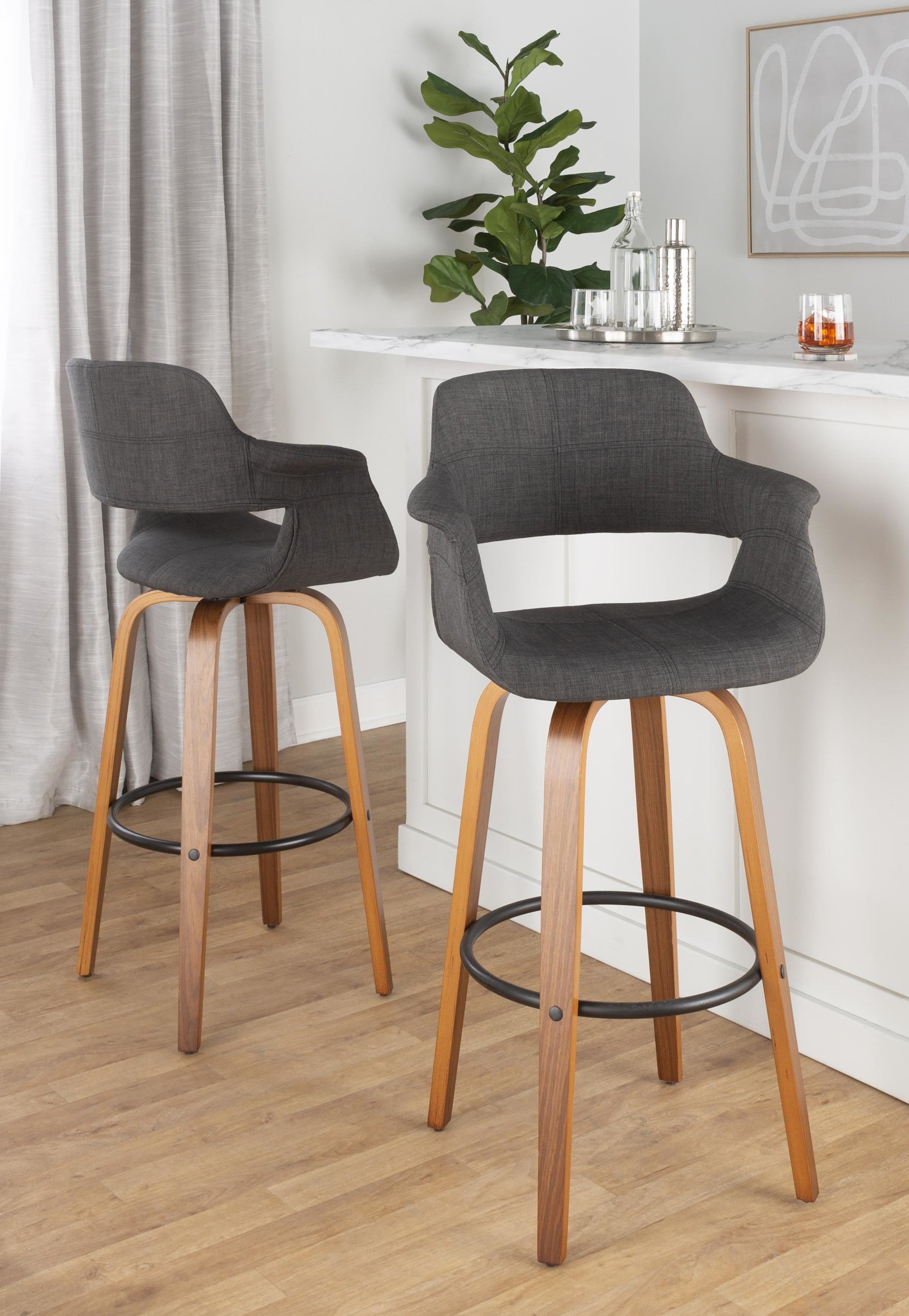 Vintage Flair 30" Fixed-Height Barstool - Set of 2 - Walnut Wood, Black Metal, Charcoal Fabric