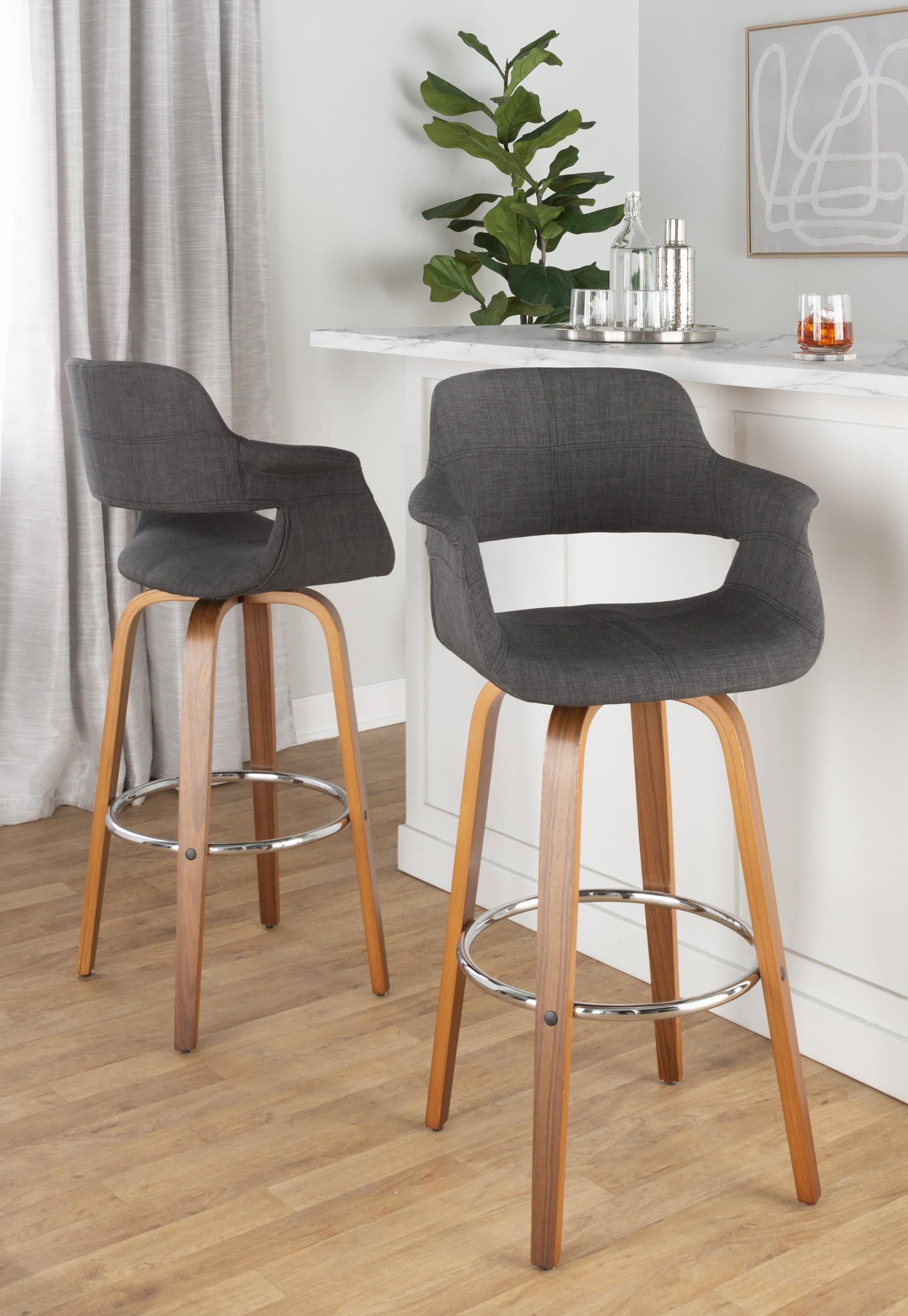 Vintage Flair 30" Fixed-Height Barstool - Set of 2 - Walnut Wood, Chrome Metal, Charcoal Fabric