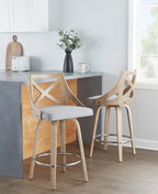 Charlotte 26" Fixed-Height Counter Stool - Set of 2 - Whitewashed Wood, Chrome Metal, Light Grey Fabric