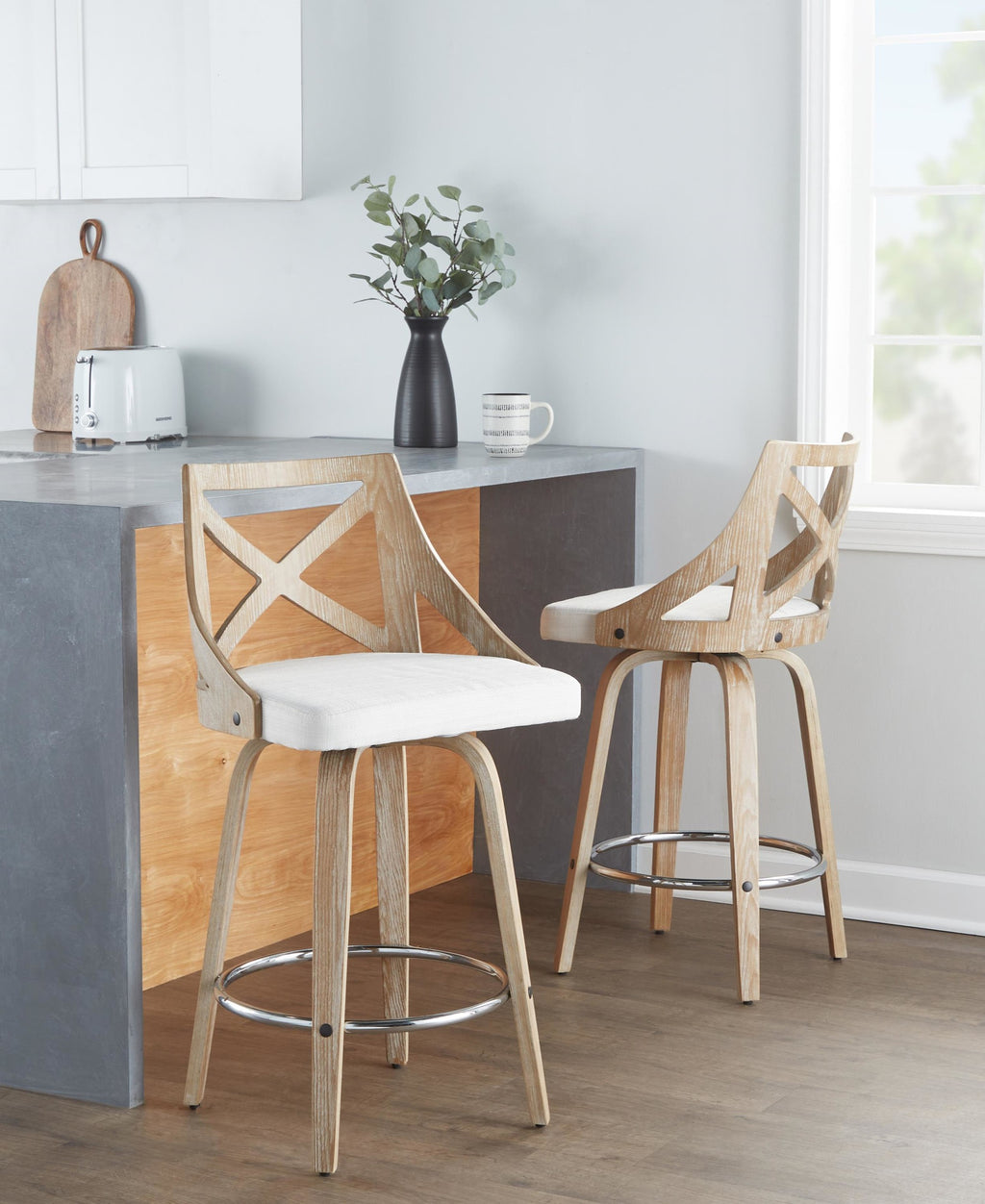 Charlotte 26" Fixed-Height Counter Stool - Set of 2 - Whitewashed Wood, Chrome Metal, Cream Fabric