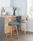 Charlotte 26" Fixed-Height Counter Stool - Set of 2 - Whitewashed Wood, Chrome Metal, Blue Fabric