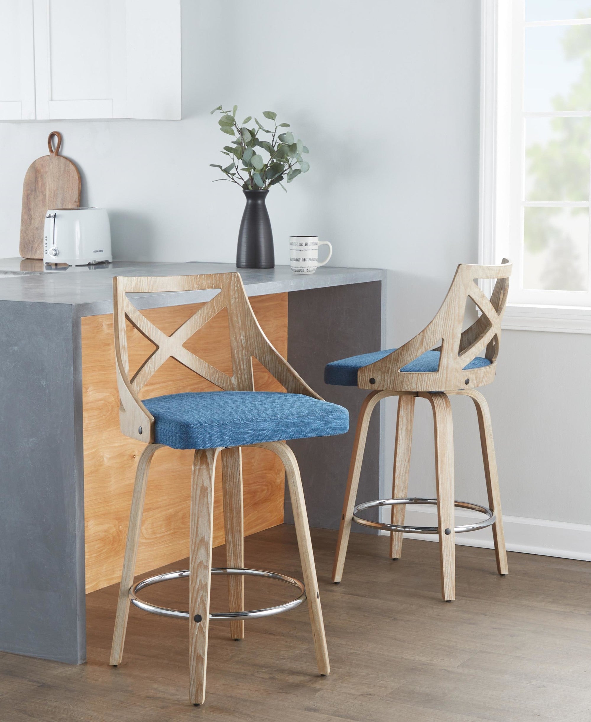 Charlotte 26" Fixed-Height Counter Stool - Set of 2 - Whitewashed Wood, Chrome Metal, Blue Fabric