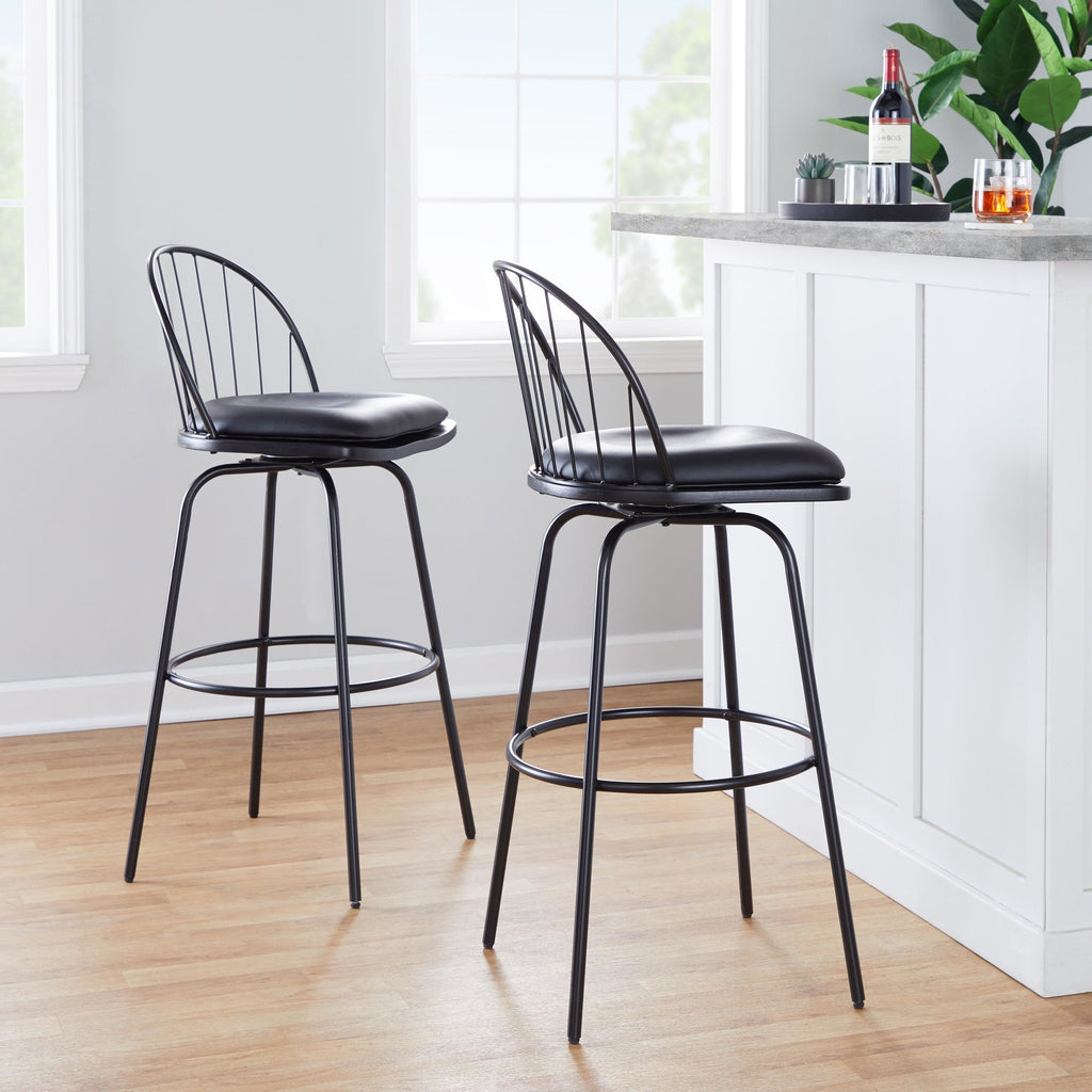 Riley Claire 30" Fixed-Height Barstool - Set of 2 - Black Metal, Black Wood, Black PU