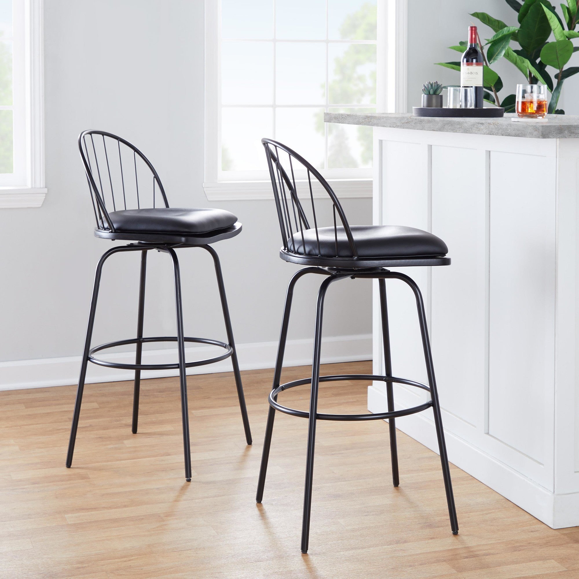 Riley Claire 30" Fixed-Height Barstool - Set of 2 - Black Metal, Black Wood, Black PU