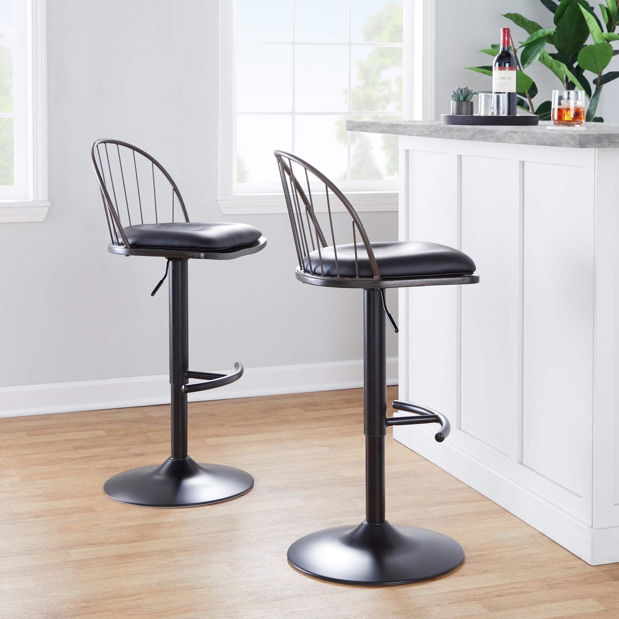 Riley Adjustable Barstool - Set of 2 - Black Metal, Bronze Metal, Dark Walnut Wood, Brown PU