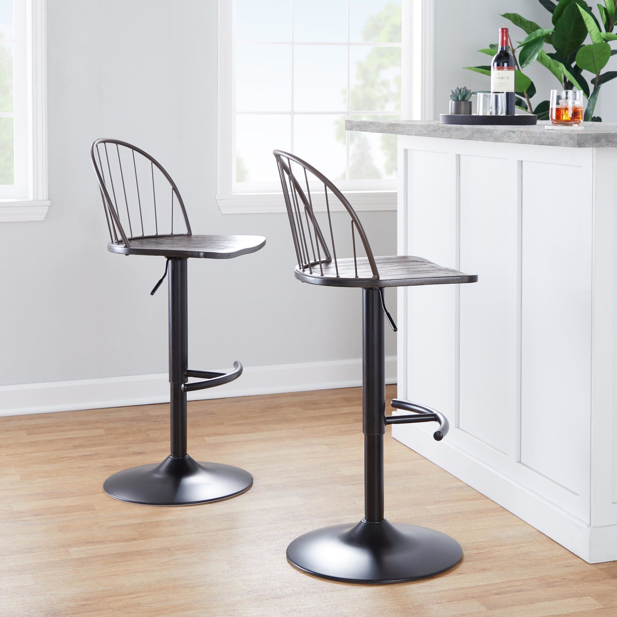 Riley Adjustable Barstool - Set of 2 - Black Metal, Bronze Metal, Dark Walnut Wood, Brown PU