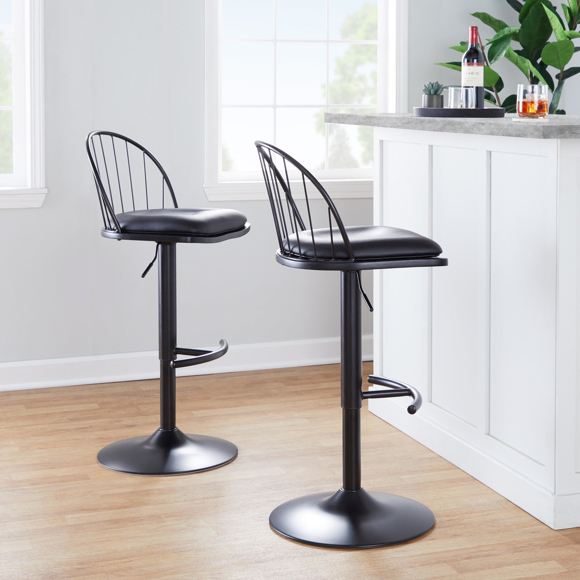 Riley Adjustable Barstool - Set of 2 - Black Metal, Black Wood, Black PU