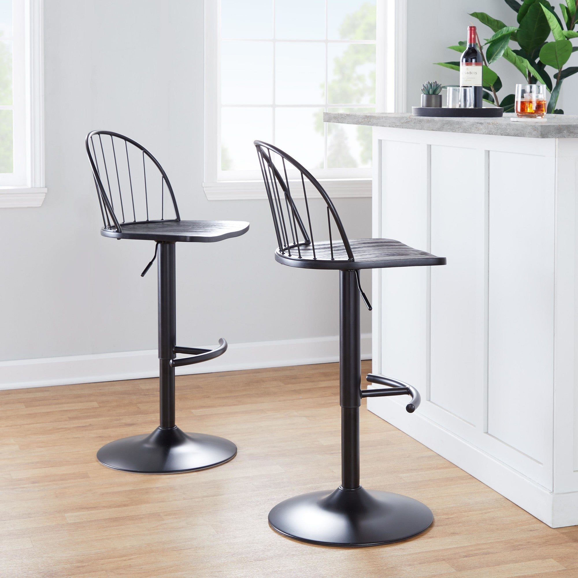 Riley Adjustable Barstool - Set of 2 - Black Metal, Black Wood, Black PU