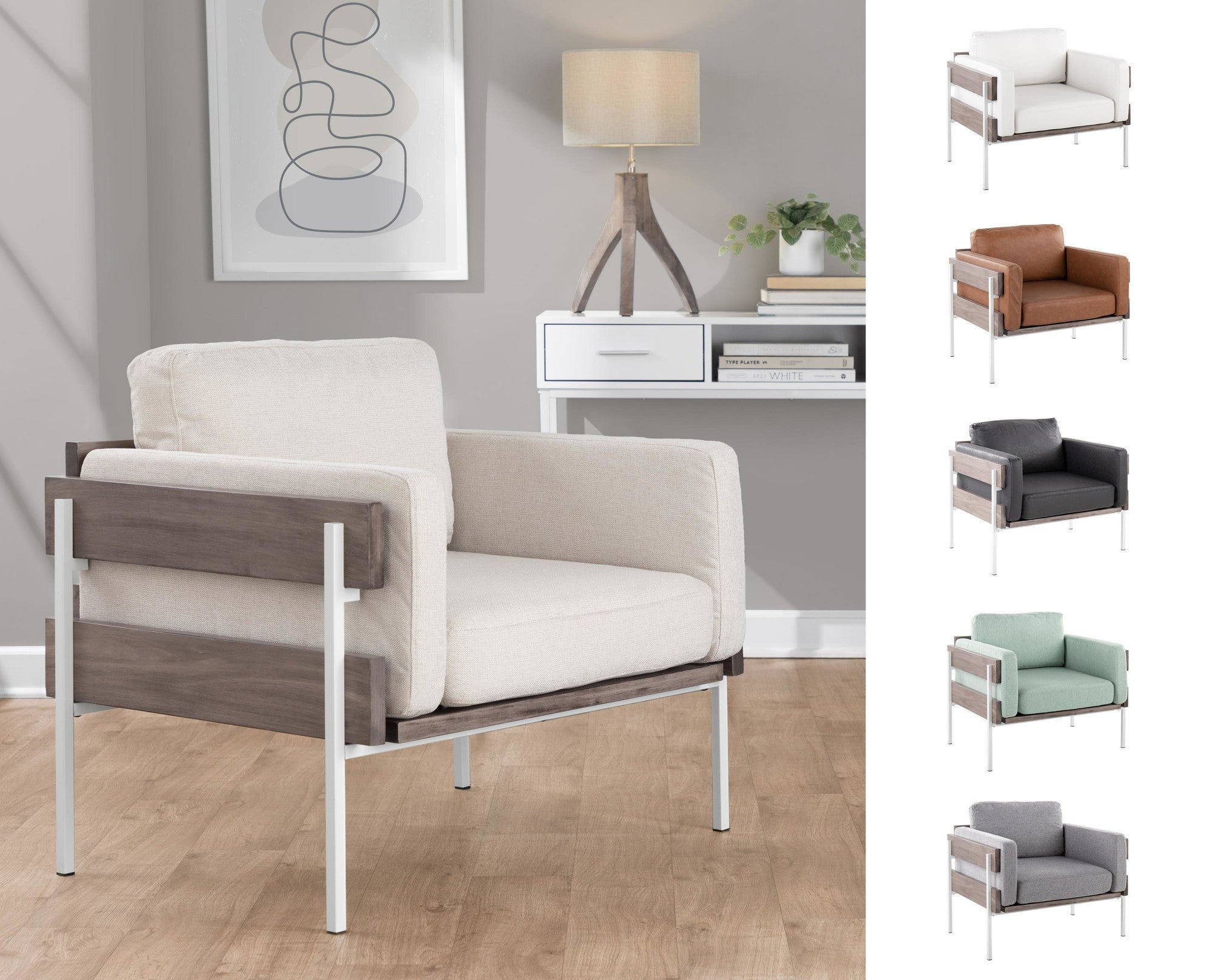 Kari Accent Chair - White Metal, Grey Wood, Camel PU