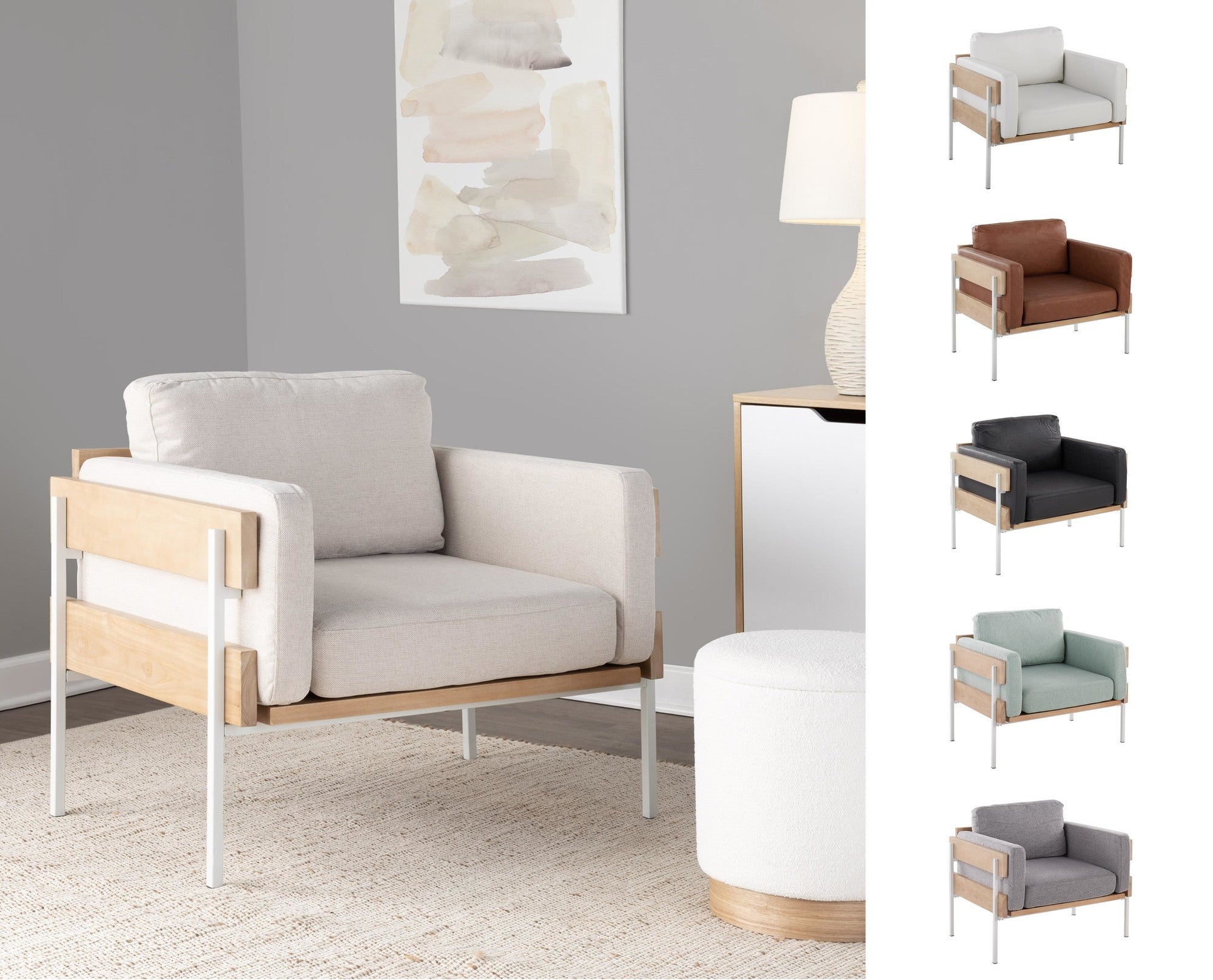 Kari Accent Chair - White Metal, Natural Wood, Camel PU