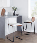 Mason Mara 26" Fixed-Height Counter Stool - Set of 2 - Black Metal, Walnut Wood, White PU