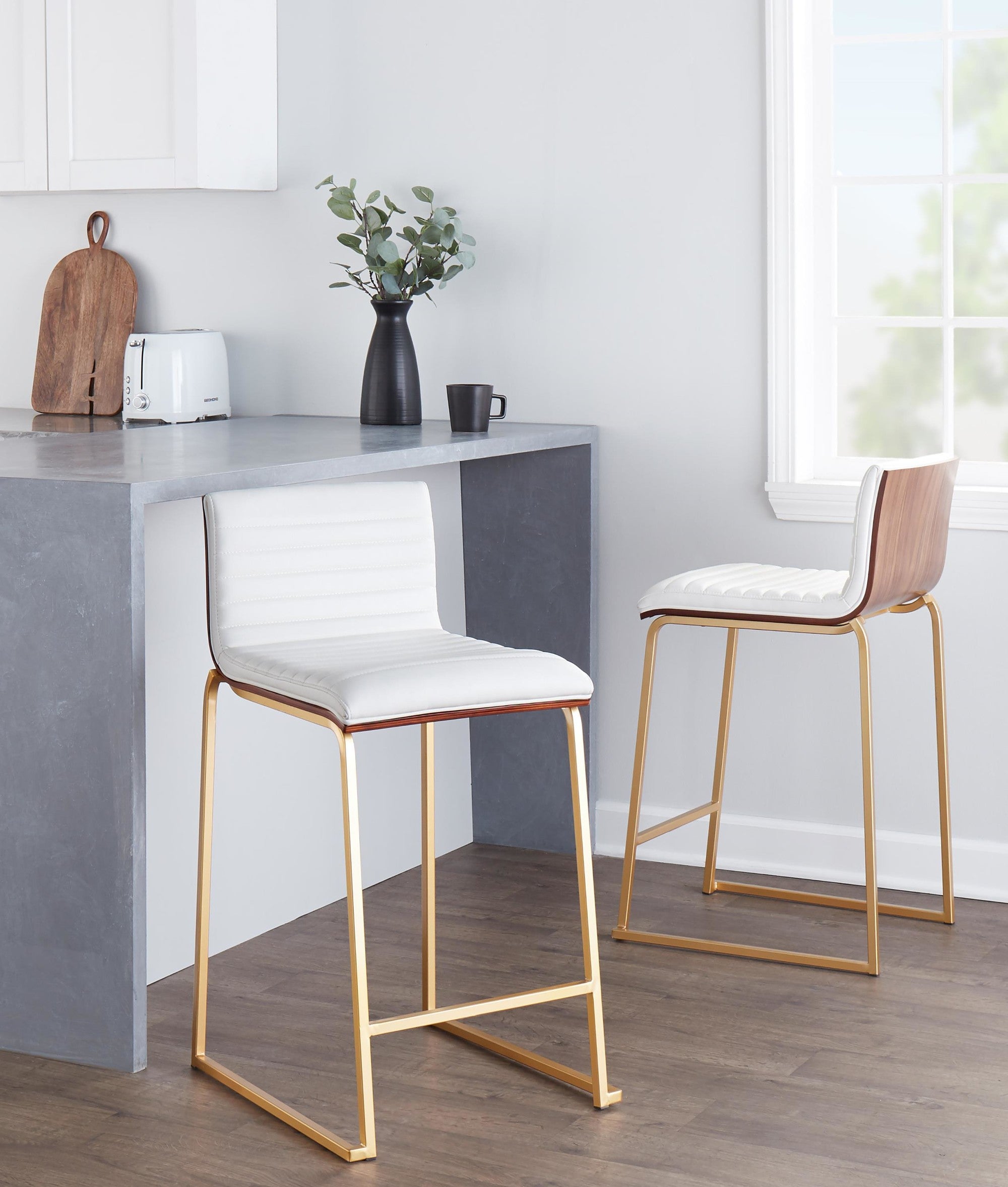 Mason Mara 26" Fixed-Height Counter Stool - Set of 2 - Gold Metal, Walnut Wood, White PU