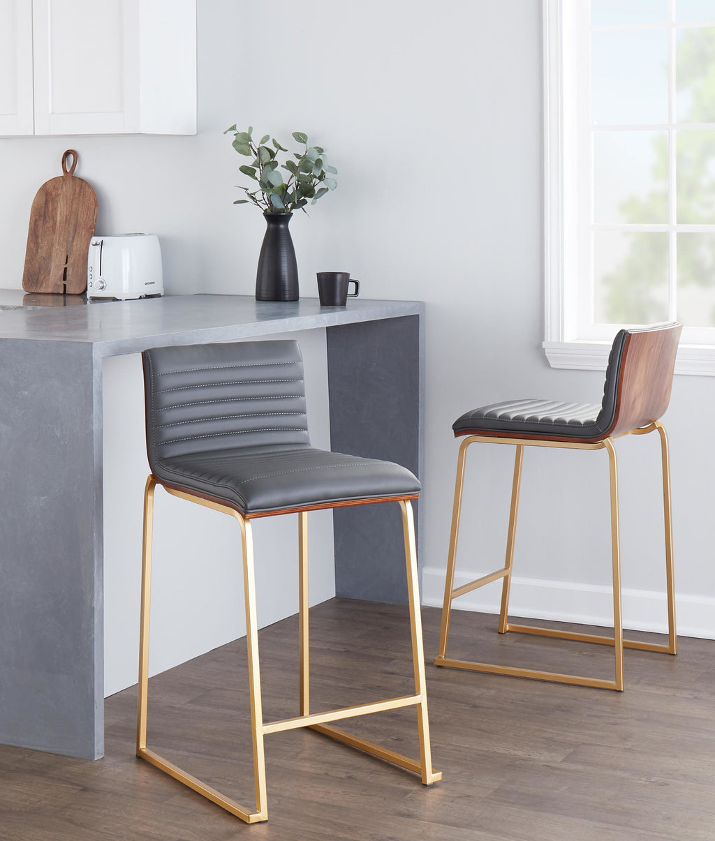 Mason Mara 26" Fixed-Height Counter Stool - Set of 2 - Gold Metal, Walnut Wood, Grey PU