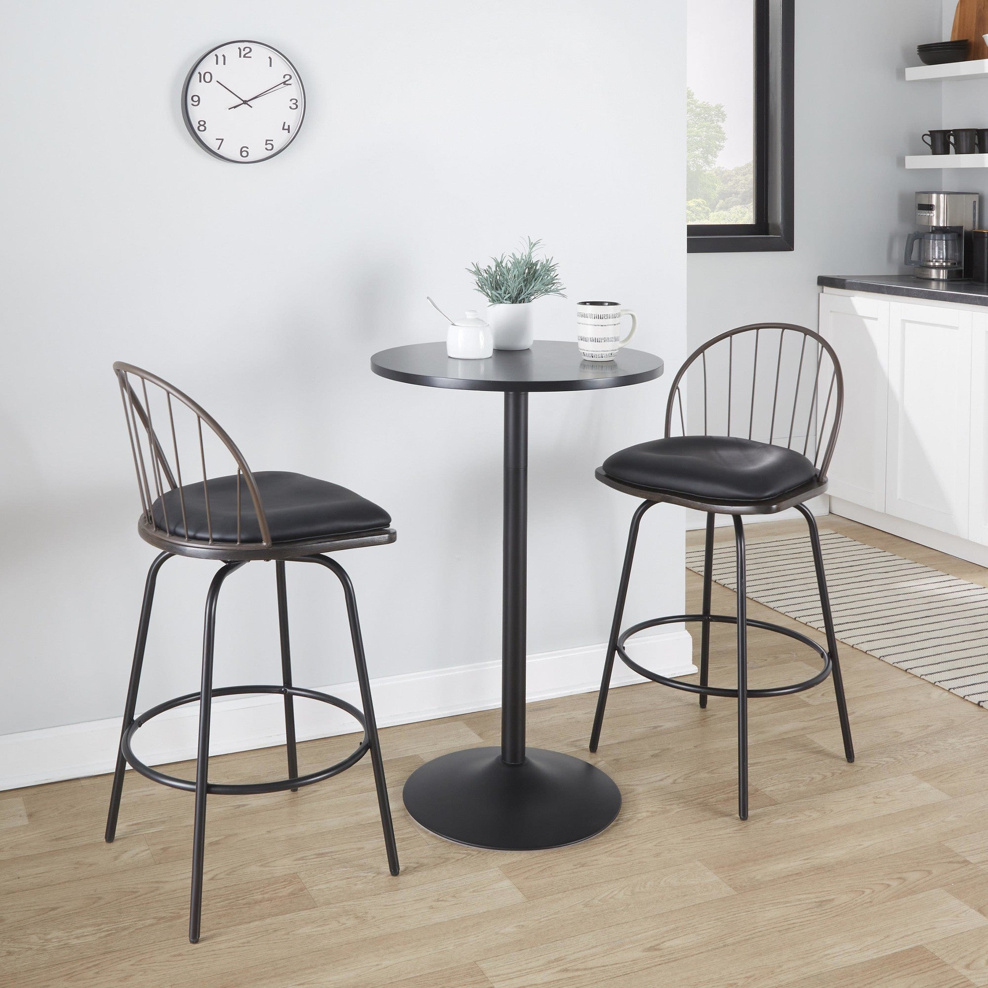 Riley Claire 26" Fixed-Height Counter Stool - Set of 2 - Black Metal, Bronze Metal, Walnut Wood, Brown PU