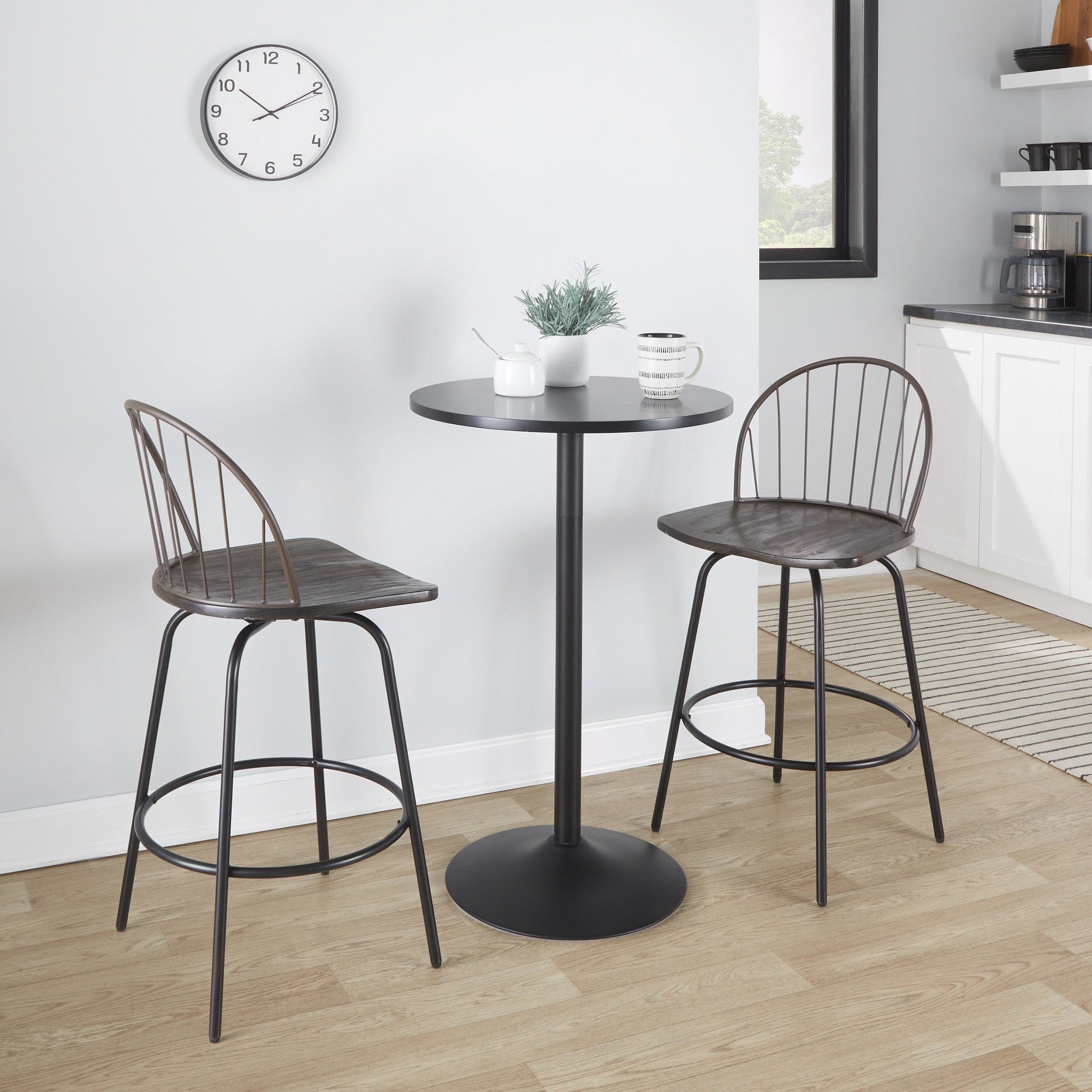 Riley Claire 26" Fixed-Height Counter Stool - Set of 2 - Black Metal, Bronze Metal, Walnut Wood, Brown PU