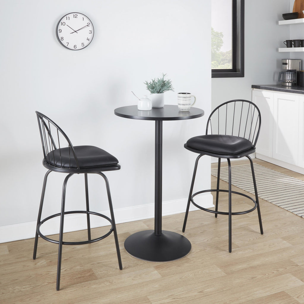 Riley Claire 26" Fixed-Height Counter Stool - Set of 2 - Black Metal, Black Wood, Black PU
