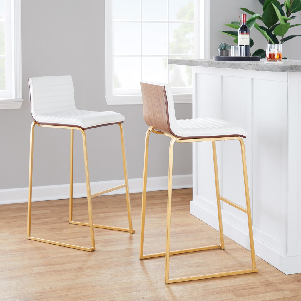 Mason Mara 30" Fixed-Height Barstool - Set of 2 - Gold Metal, Walnut Wood, White PU
