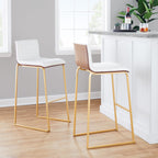 Mason Mara 30" Fixed-Height Barstool - Set of 2 - Gold Metal, Walnut Wood, White PU