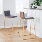 Mason Mara 30" Fixed-Height Barstool - Set of 2 - Gold Metal, Walnut Wood, Grey PU