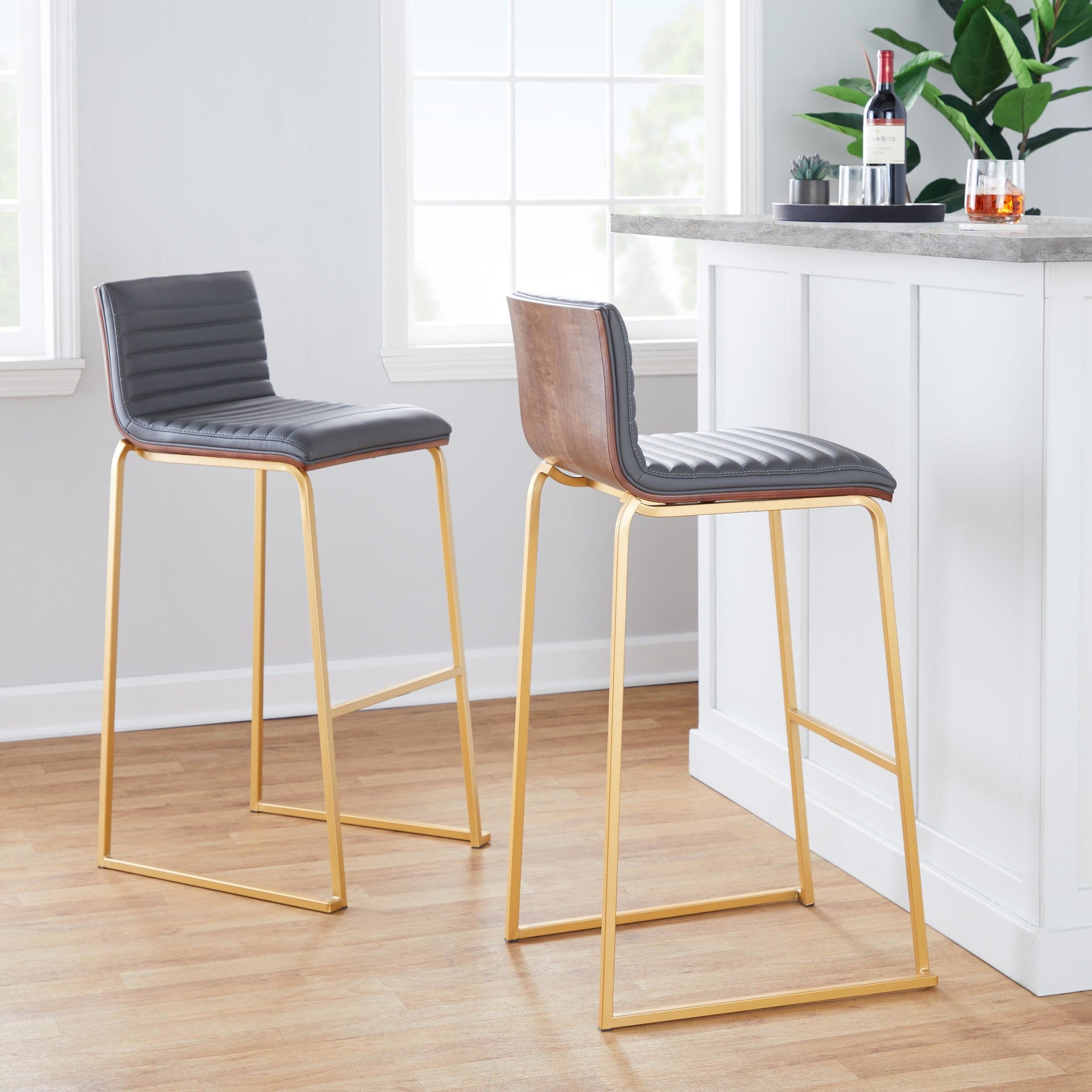 Mason Mara 30" Fixed-Height Barstool - Set of 2 - Gold Metal, Walnut Wood, Grey PU