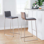 Mason Mara 30" Fixed-Height Barstool - Set of 2 - Stainless Steel, Walnut Wood, Grey PU