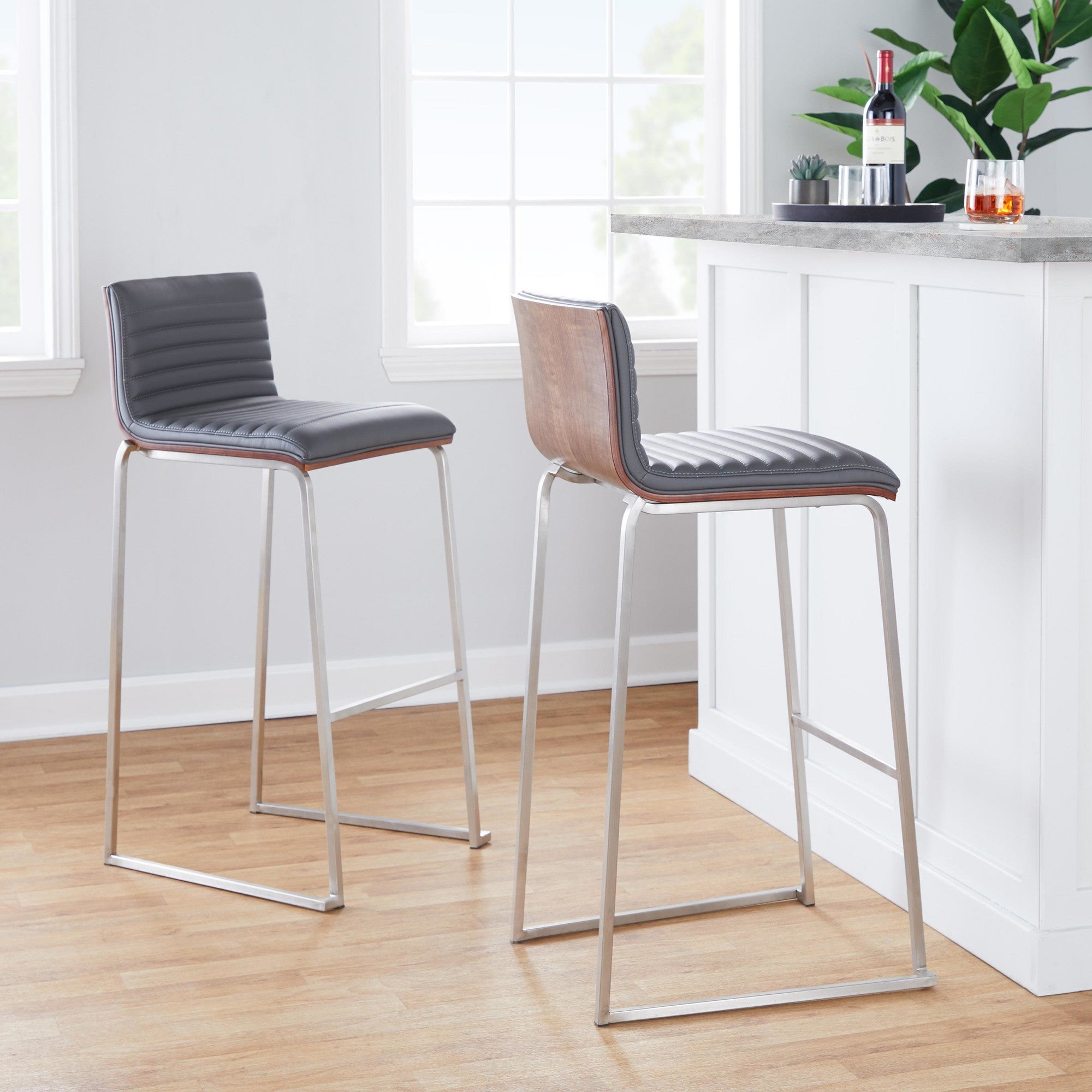 Mason Mara 30" Fixed-Height Barstool - Set of 2 - Stainless Steel, Walnut Wood, Grey PU