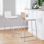 Mason Mara 30" Fixed-Height Barstool - Set of 2 - Stainless Steel, Walnut Wood, White PU