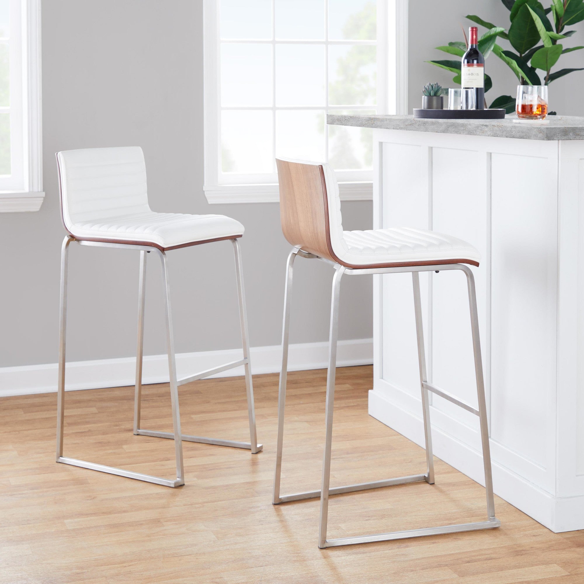 Mason Mara 30" Fixed-Height Barstool - Set of 2 - Stainless Steel, Walnut Wood, White PU