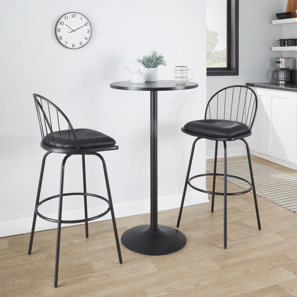 Riley Claire 30" Fixed-Height Barstool - Set of 2 - Black Metal, Black Wood, Black PU