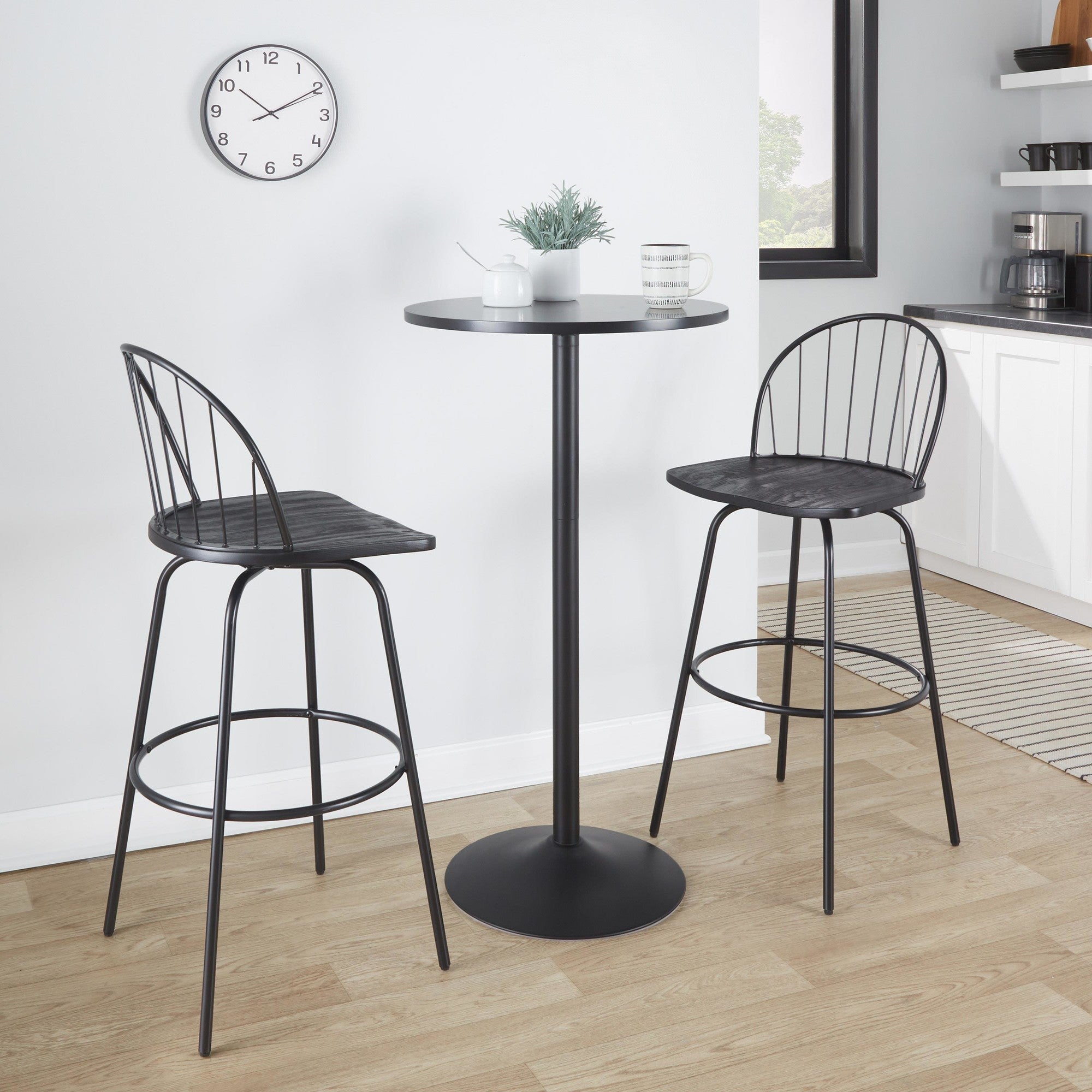Riley Claire 30" Fixed-Height Barstool - Set of 2 - Black Metal, Black Wood, Black PU