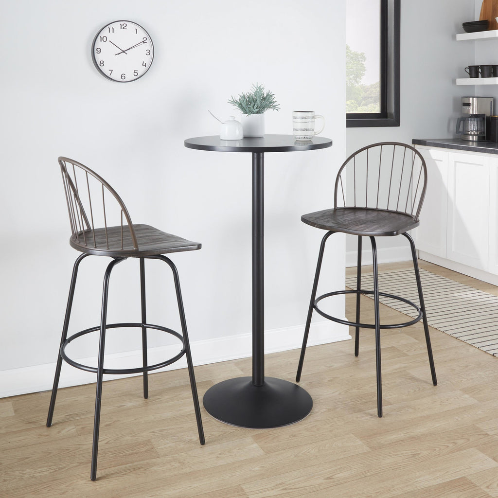 Riley Claire 30" Fixed-Height Barstool - Set of 2 - Black Metal, Bronze Metal, Dark Walnut Wood, Brown PU