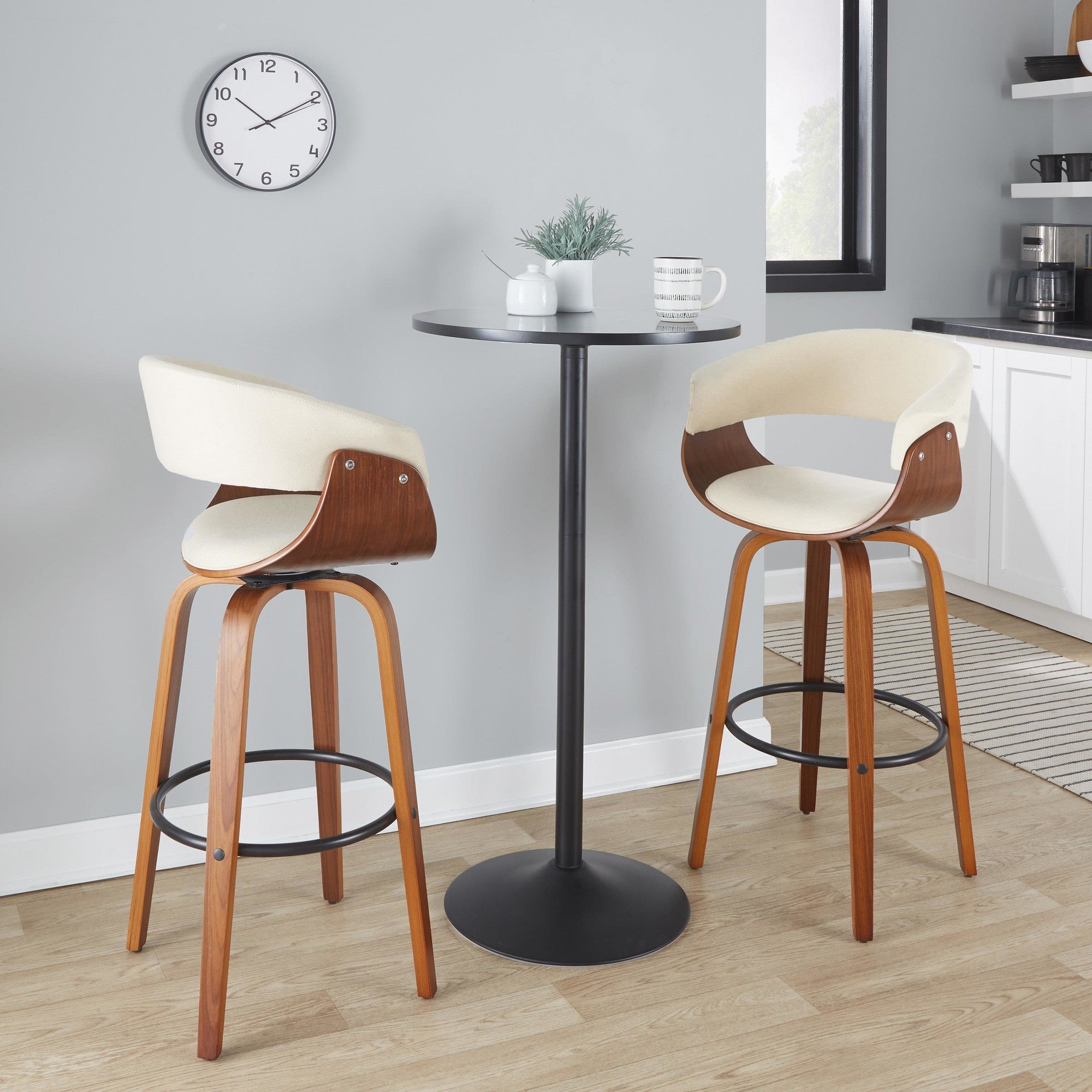 Vintage Mod 30" Fixed-Height Barstool - Set of 2 - Walnut Wood, Black Metal, Cream Fabric