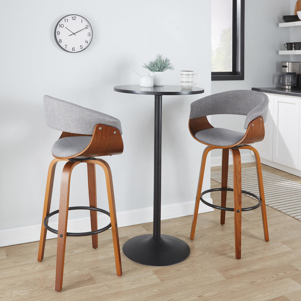 Vintage Mod 30" Fixed-Height Barstool - Set of 2 - Walnut Wood, Black Metal, Light Grey Fabric