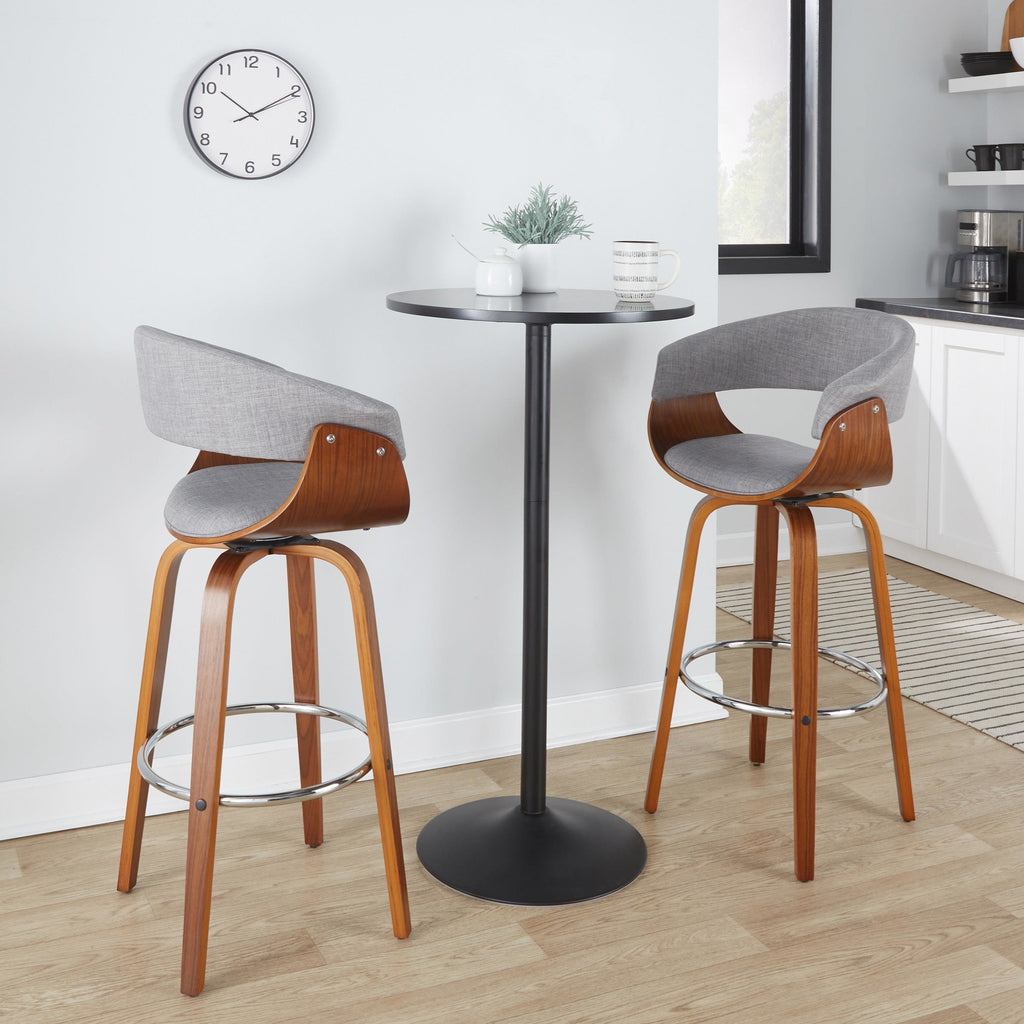 Vintage Mod 30" Fixed-Height Barstool - Set of 2 - Walnut Wood, Chrome Metal, Light Grey Fabric