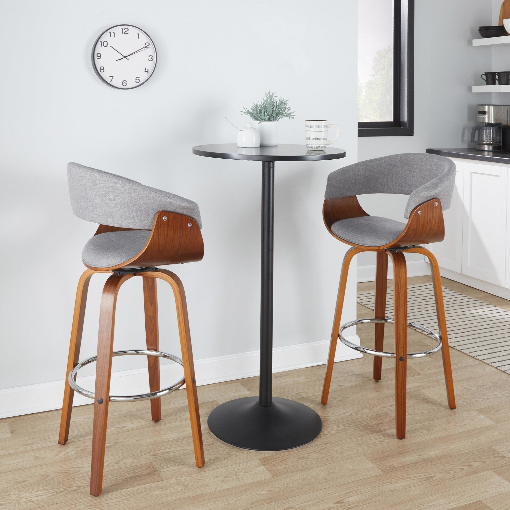 Vintage Mod 30" Fixed-Height Barstool - Set of 2 - Walnut Wood, Chrome Metal, Light Grey Fabric