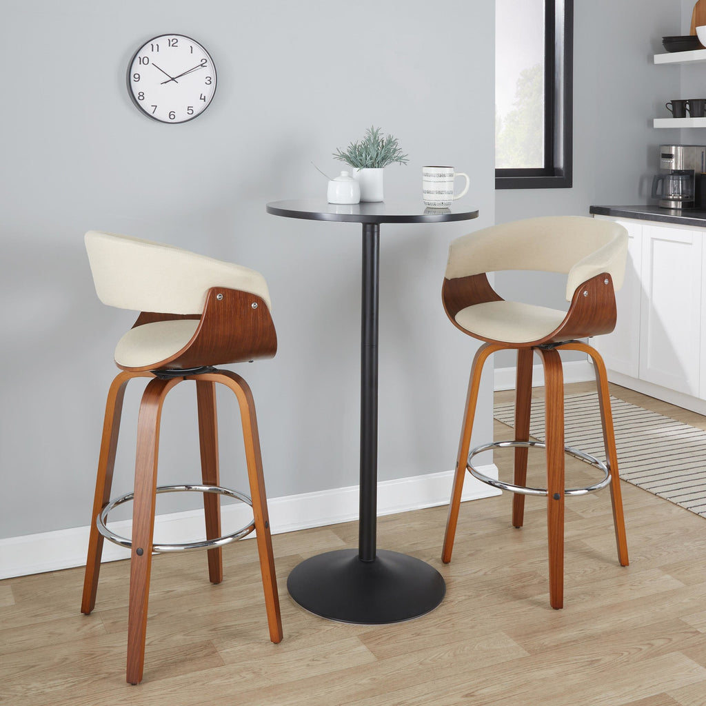 Vintage Mod 30" Fixed-Height Barstool - Set of 2 - Walnut Wood, Chrome Metal, Cream Fabric